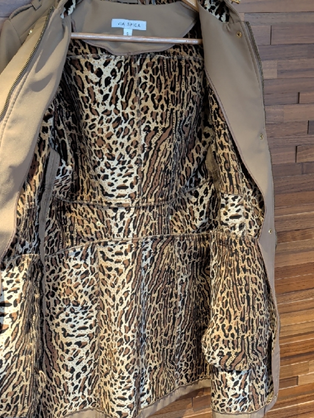 Via Spiga Camel Hooded Trench Coat with Leopard Lining - Picture 3 of 15